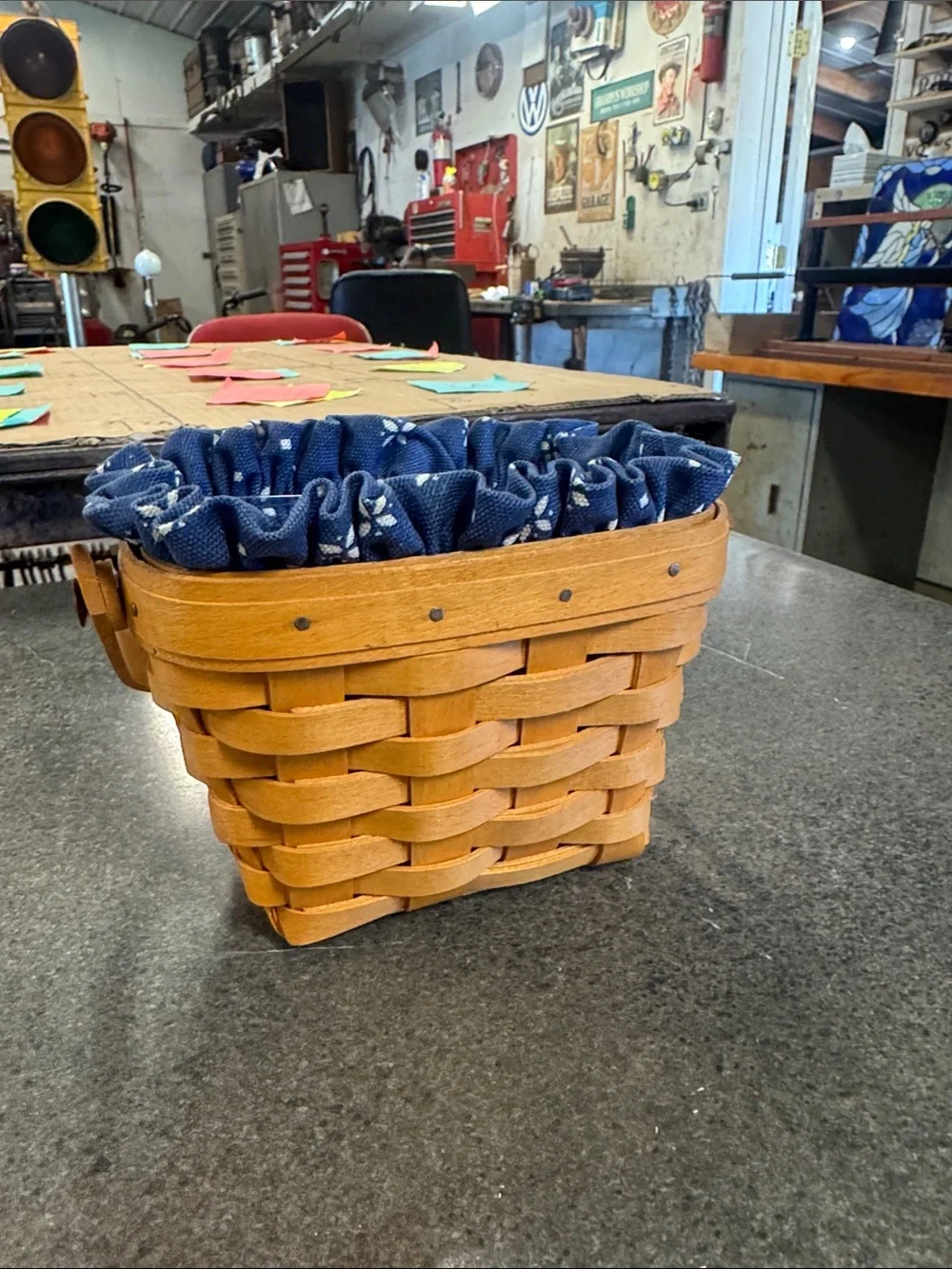 Longaberger Woven Wood Basket with Navy Blue Floral Liner and Plastic Liner